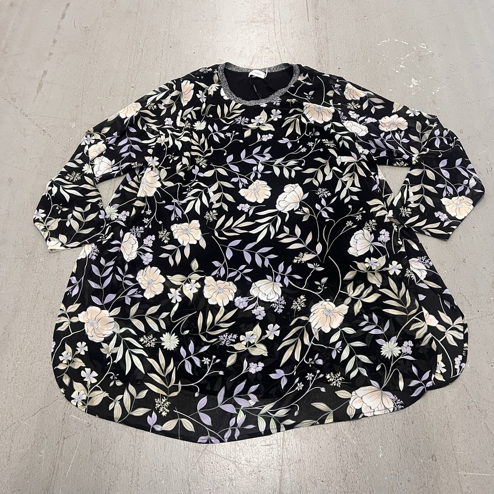 Calvin Klein Women's 2X Black Floral Long Sleeve Tunic Top Metallic Trim Blouse‎